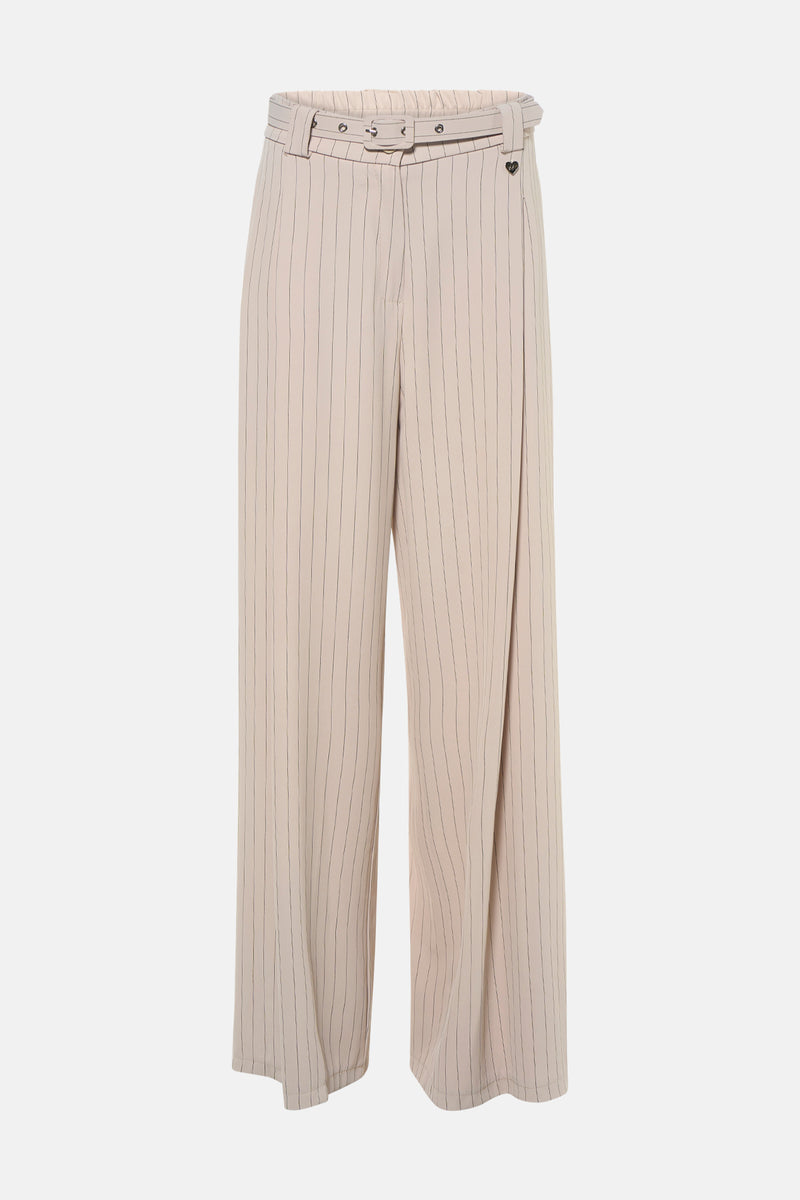 Beige gestreepte pantalon van AMELIE ET AMELIE, met bijpassende riem en een wijde pasvorm.