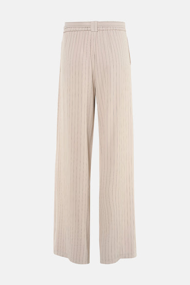Beige kostuumbroek met verticale strepen van AMELIE ET AMELIE, met bijpassende riem en wijde pasvorm.