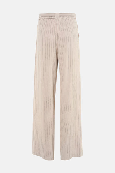 Beige kostuumbroek met verticale strepen van AMELIE ET AMELIE, met bijpassende riem en wijde pasvorm.