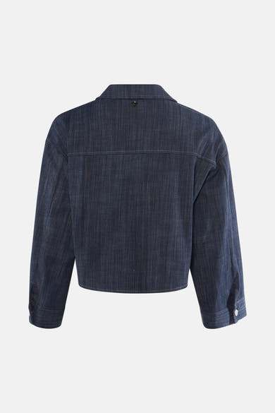 Chemise en denim bleu foncé de coupe courte vue dos, par AMELIE ET AMELIE, avec col classique et poignets boutonnés