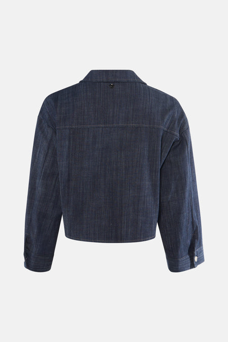Chemise en denim bleu foncé de coupe courte vue dos, par AMELIE ET AMELIE, avec col classique et poignets boutonnés