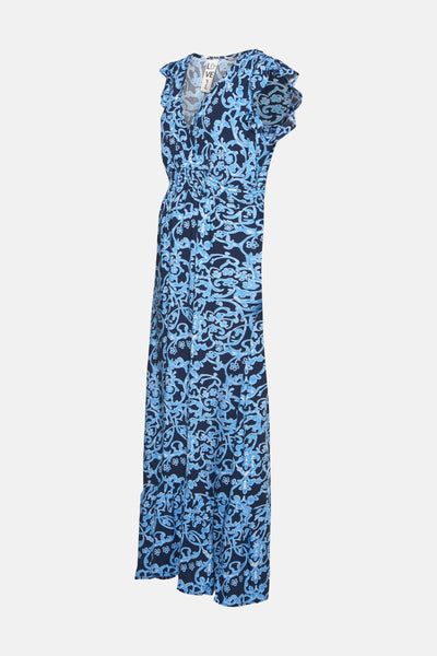 Lange blauwe jurk met print van Zabaione, met wikkelhals, ruchesmouwen en geplooide taille detail.