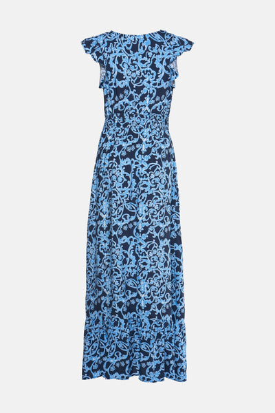 Robe longue bleue de ZABAIONE, à motif floral bleu clair et manches à volants.