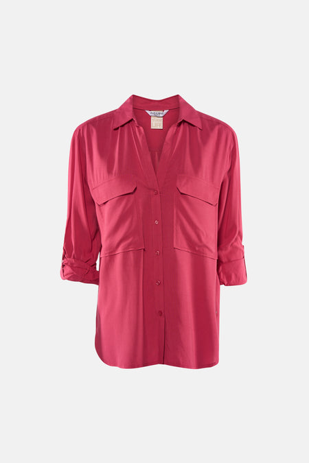 Roze blouse met lange mouwen van ZABAIONE, met borstzakken en opgerolde driekwartmouwen.
