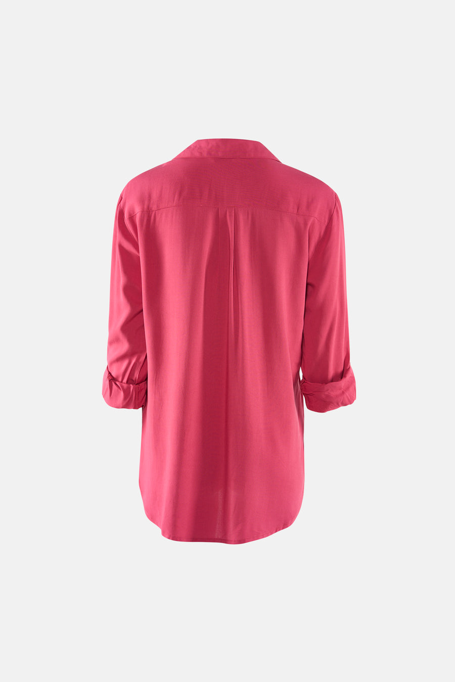 Roze blouse met lange mouwen van ZABAIONE, opgerolde mouwen en losse pasvorm, achterzijde.