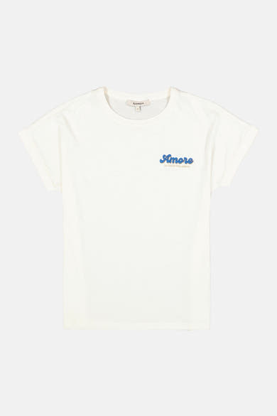 T-shirt blanc à manches courtes de GARCIA, avec inscription bleue "Amore" sur le devant.

