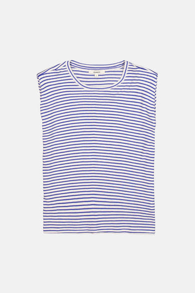 Top sans manches multicolore de GARCIA, à rayures horizontales bleues et blanches.
