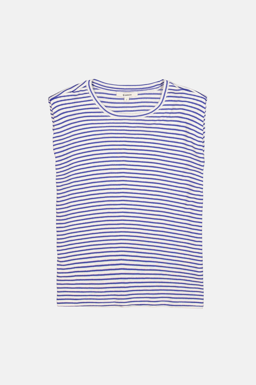 Top sans manches multicolore de GARCIA, à rayures horizontales bleues et blanches.
