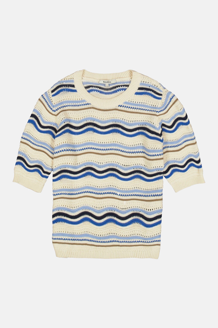 Pull multicolore à rayures ondulées par GARCIA, en maille ajourée légère avec manches courtes.

