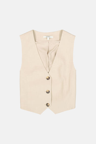 Beige linnen blazer van GARCIA, met een bruine drieknoops sluiting.