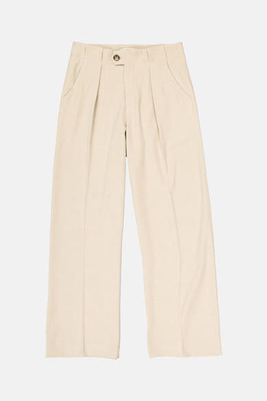 Pantalon de costume beige de GARCIA, avec plis et coupe large, sur un fond blanc.