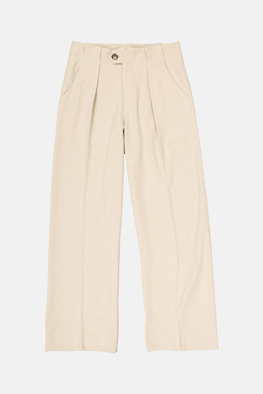 Pantalon de costume beige de GARCIA, avec plis et coupe large, sur un fond blanc.