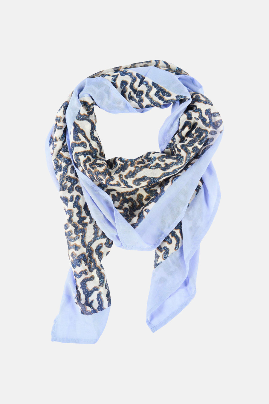 Foulard multicolore de GARCIA, motif abstrait bleu marine et marron, ourlet uni bleu clair.
