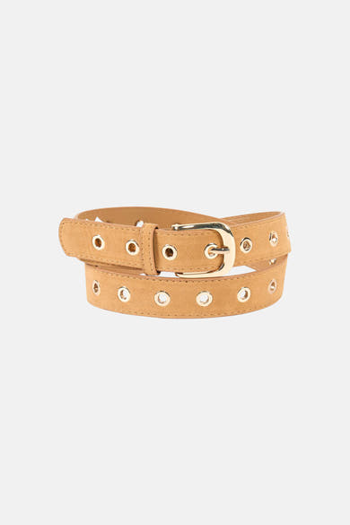 Ceinture cognac en suède by GARCIA, avec boucle dorée et détails œillets métalliques, enroulée sur fond neutre.

