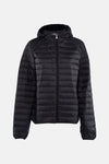 Veste courte noire de JOTT, avec une capuche et une fermeture éclair pleine longueur.