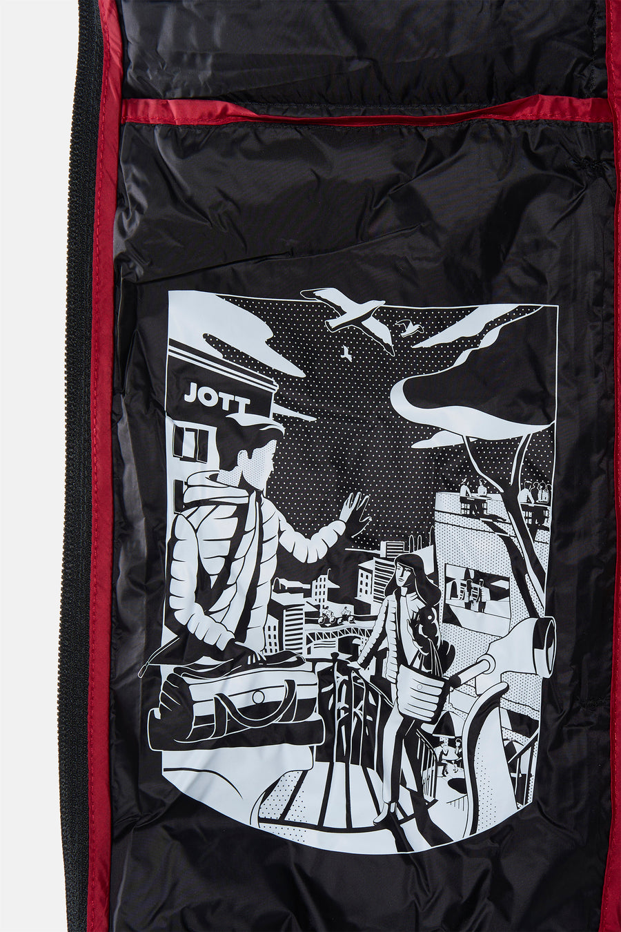 Veste courte noire de JOTT, avec motif imprimé original noir et blanc sur la doublure intérieure.
