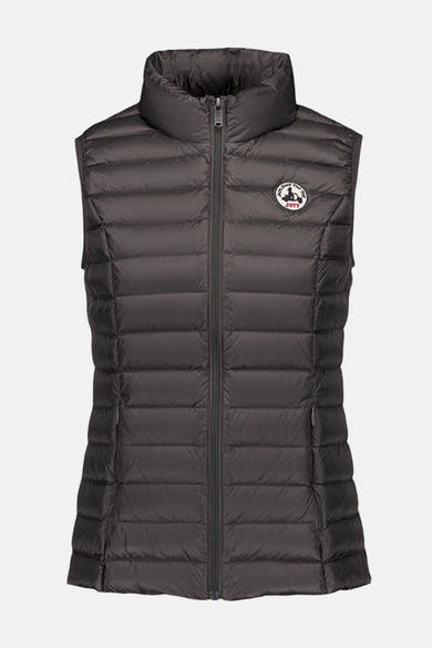 Veste sans manches grise de JOTT, avec fermeture éclair centrale et logo rond sur la poitrine.