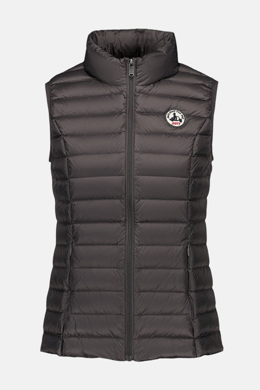Veste sans manches grise de JOTT, avec fermeture éclair centrale et logo rond sur la poitrine.