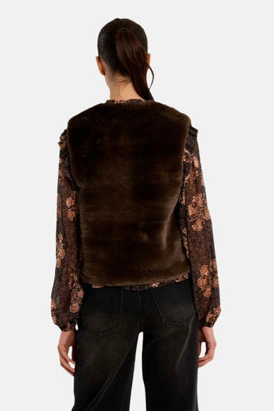 Cardigan brun Molly Bracken vu de dos, avec un corps uni et des manches longues à motif floral.