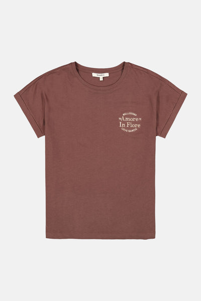 Brown short-sleeve t-shirt by Garcia with white circular graphic print on chest, round neckline, and ribbed trim.