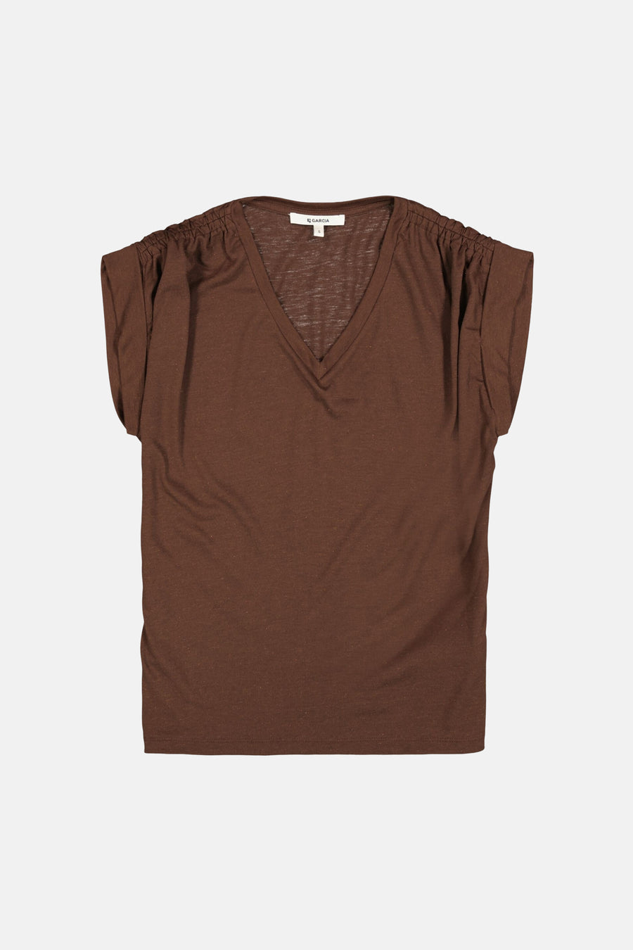 T-shirt brun uni à manches courtes de Garcia, avec un col en V et des détails froncés aux épaules.