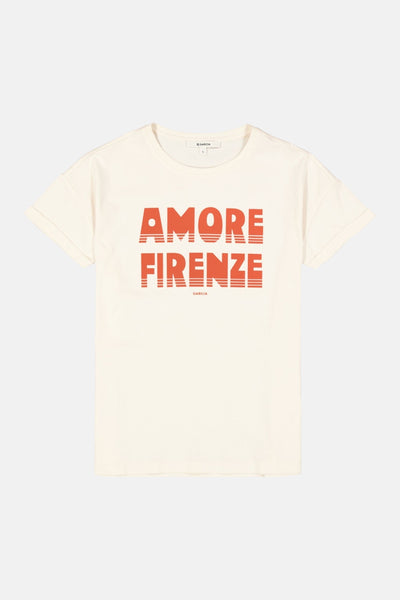Ecru short-sleeve t-shirt by Garcia with bold orange "AMORE FIRENZE" graphic and striped lettering, front view