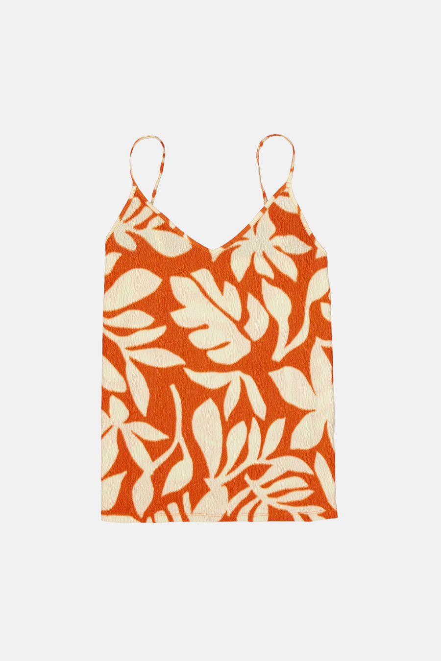 Top à fines bretelles orange de GARCIA, à motif floral blanc sur toute la surface.
