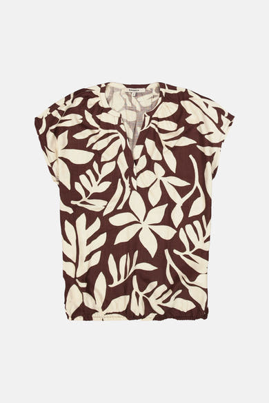 Blouse multicolore de GARCIA, à motif floral beige sur fond marron, coupe ample avec encolure en V.