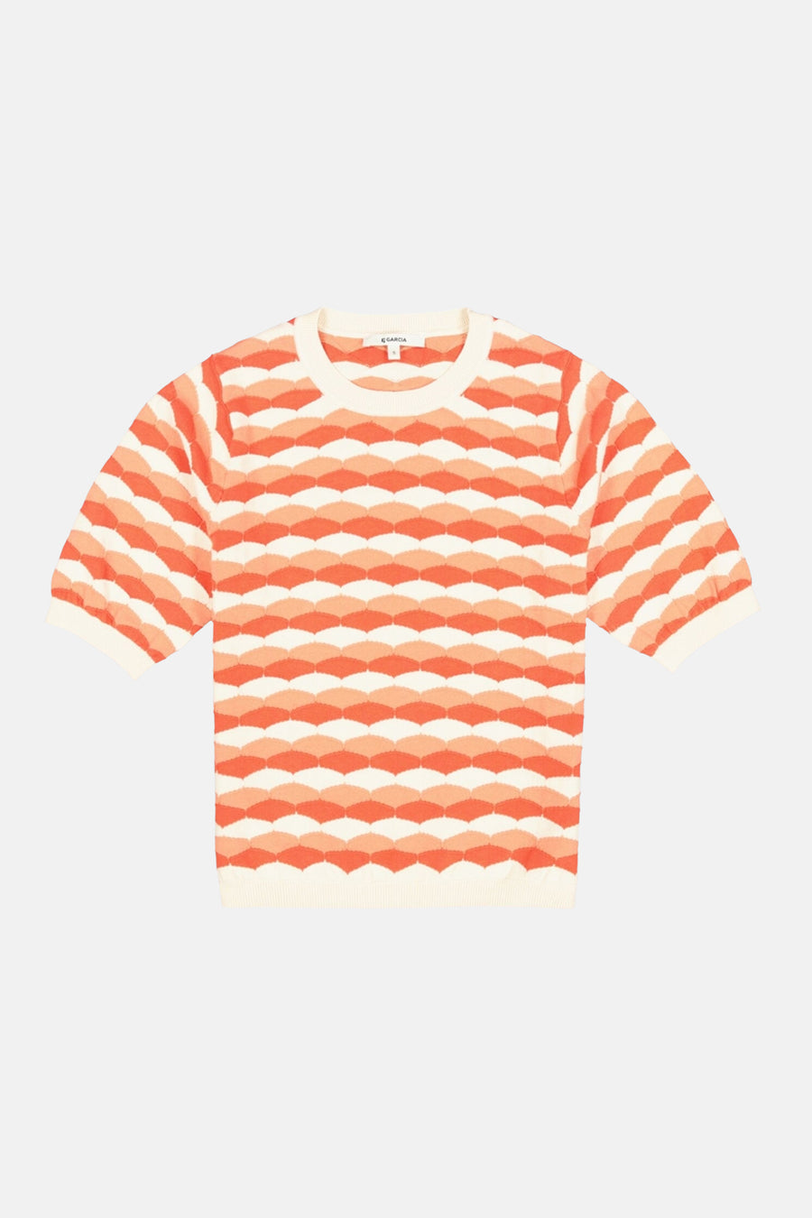 Pull multicolore à manches courtes de GARCIA, motif géométrique orange et écru.
