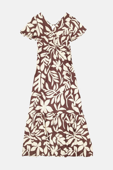 Robe multicolore de GARCIA, imprimé de feuilles beiges et marron, coupe longue à volants.