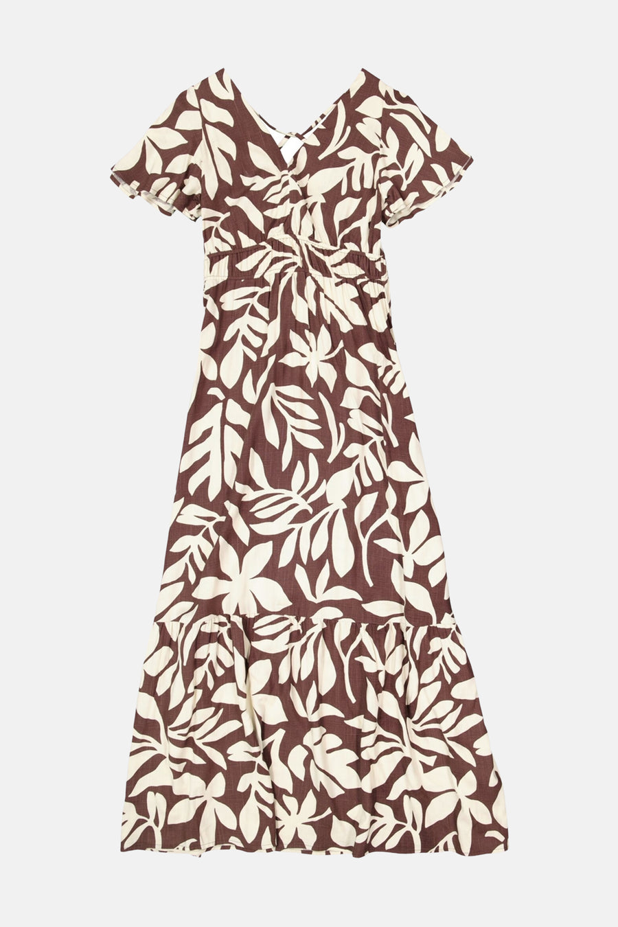 Robe multicolore de GARCIA, imprimé de feuilles beiges et marron, coupe longue à volants.