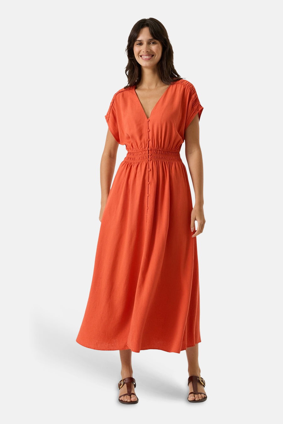 Robe orange de GARCIA, coupe midi avec une taille élastique et des boutons sur le devant.
