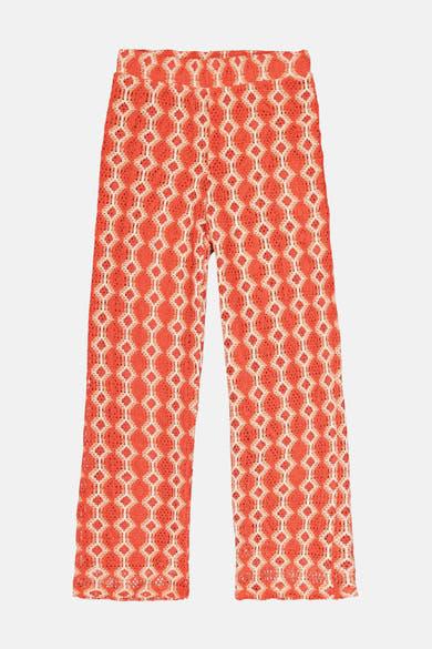 Pantalon orange en crochet de GARCIA, motif à losanges crème, jambe large.