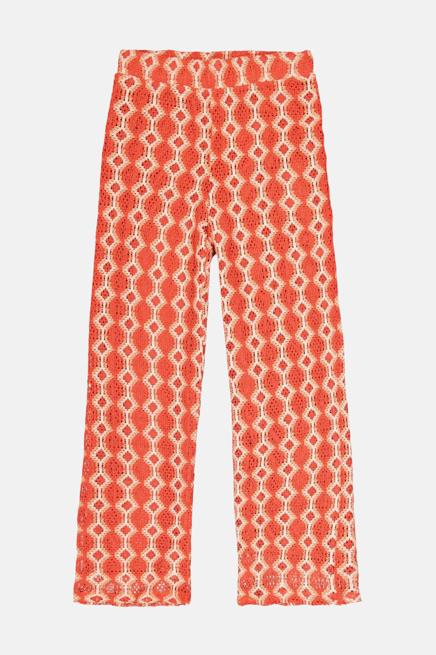 Pantalon orange en crochet de GARCIA, motif à losanges crème, jambe large.