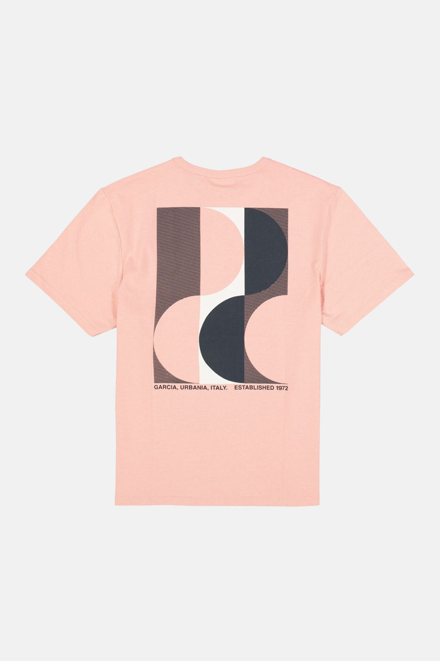 T-shirt rose de GARCIA, orné d'un motif géométrique strié noir, blanc et rose au dos avec inscription.