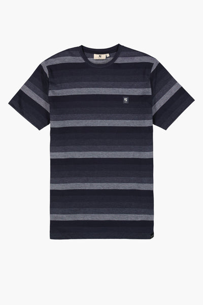 Blauwe T-shirt met korte mouwen van GARCIA, grijze en donkerblauwe horizontale strepen.