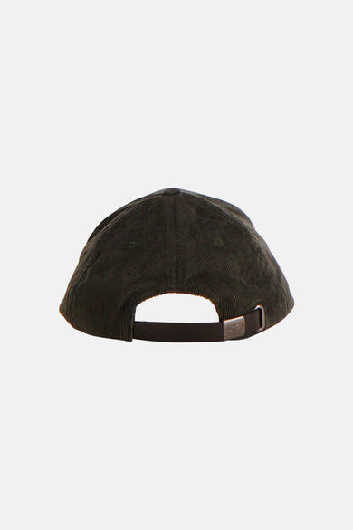 Khaki corduroy baseball cap back view with adjustable strap and metal buckle, textured fabric, side angle shot