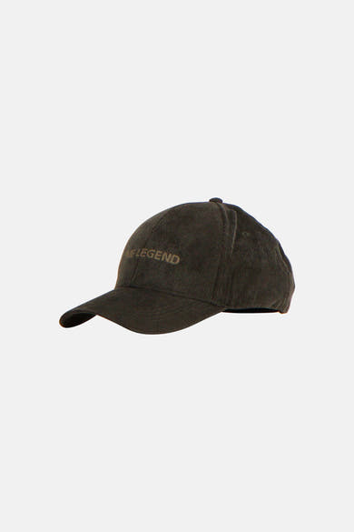 Khaki corduroy baseball cap with embroidered "THE LEGEND" text, side view, textured fabric, curved brim