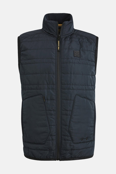 Veste sans manches matelassée beige de PME Legend, avec fermeture éclair centrale et poches avant.