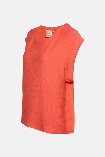 Koraalkleurig T-shirt met korte mouwen van PEPPERCORN, geweven textuurstof.