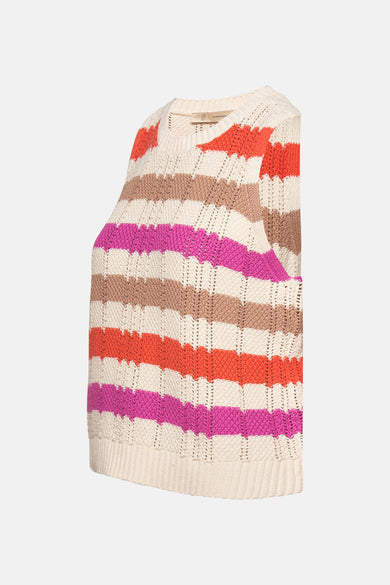Pull à col rond multicolore de PEPPERCORN, à rayures horizontales contrastées en maille ajourée.
