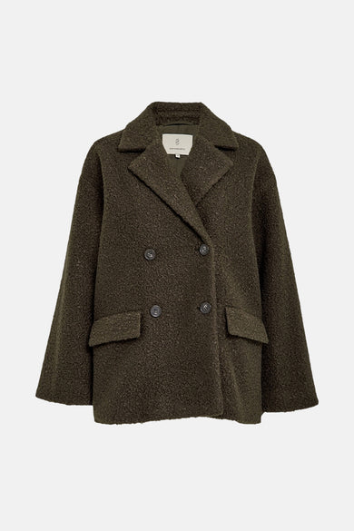 Veste courte kaki de PEPPERCORN avec texture bouclée, double boutonnage et poches plaquées.