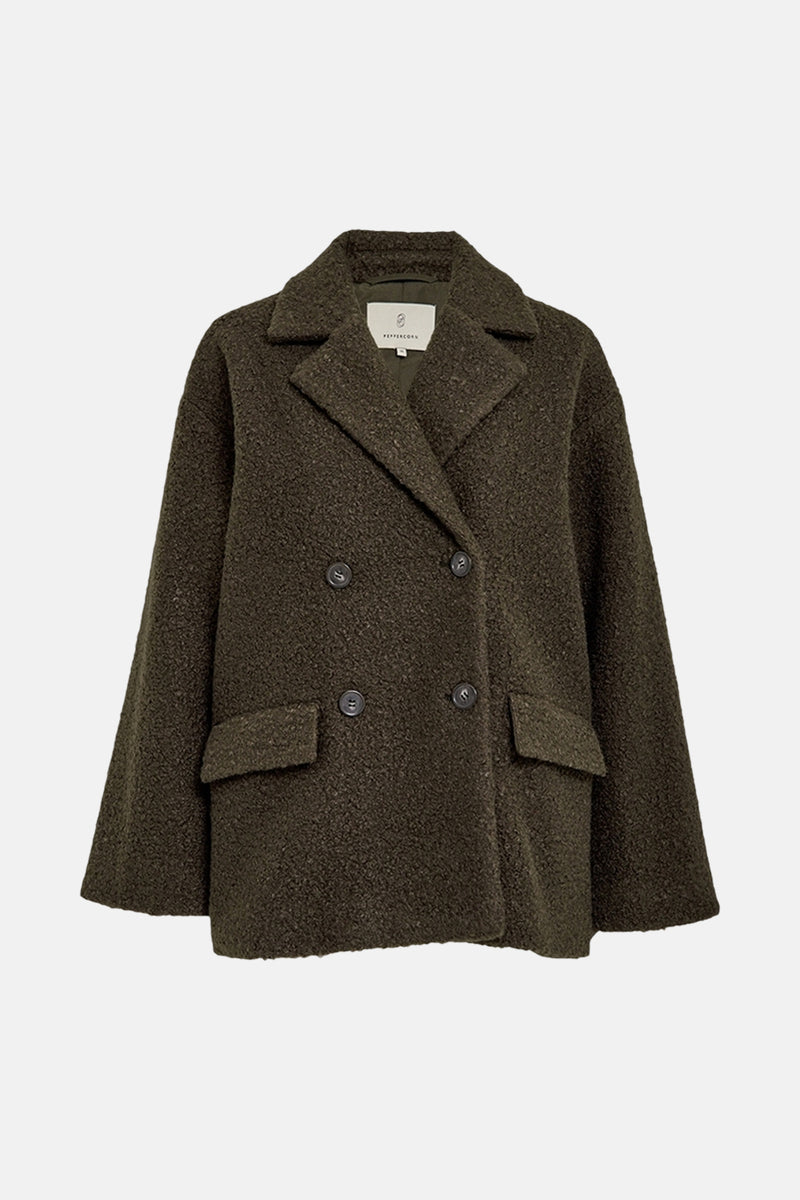 Veste courte kaki de PEPPERCORN avec texture bouclée, double boutonnage et poches plaquées.