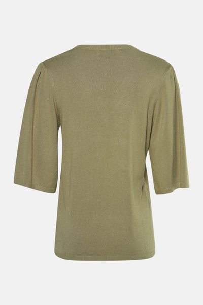 Pull à col rond vert de PEPPERCORN, manches trois-quarts bouffantes, en maille fine.