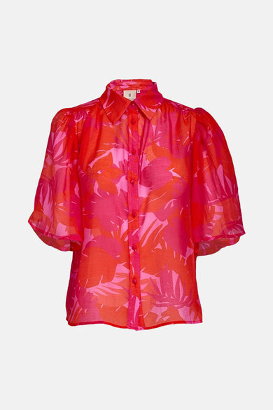 Chemisier à manches courtes multicolore de PEPPERCORN, imprimé floral rose et orange.
