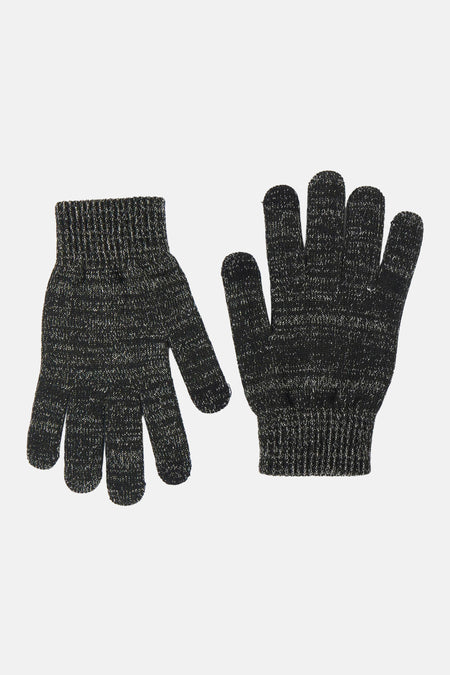 Gants tricotés noirs et argentés de PIECES®, posés à plat avec poignets côtelés.