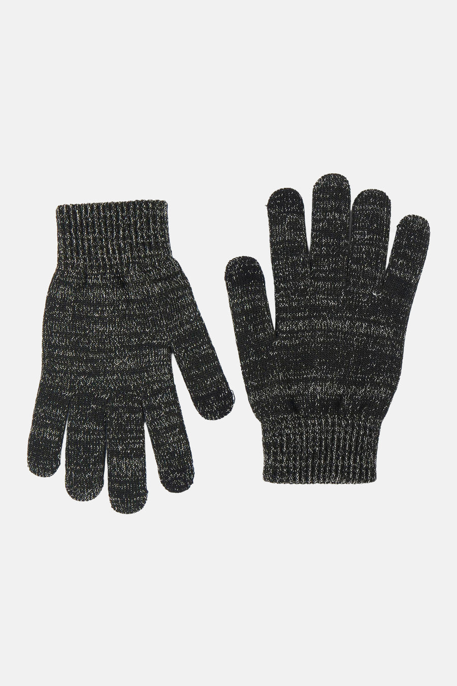 Gants tricotés noirs et argentés de PIECES®, posés à plat avec poignets côtelés.