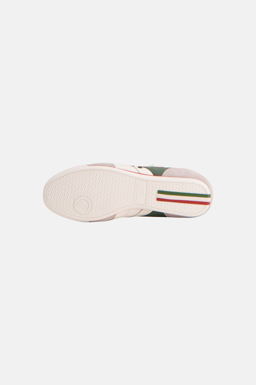 Baskets blanches de PANTOFOLA D'ORO, avec semelle texturée crème, rayures tricolores vert-blanc-rouge au talon et empiècements en daim.