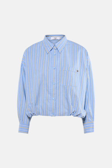Chemise à manches longues bleue de ADORE, à rayures jaunes et blanches, avec poche poitrine.