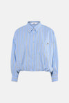 Chemise à manches longues bleue de ADORE, à rayures jaunes et blanches, avec poche poitrine.
